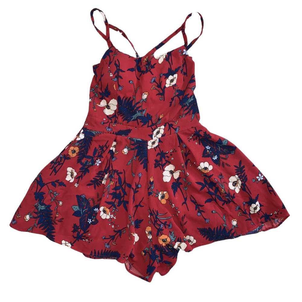 Red Floral Print Crossbody Strap Romper SZ S